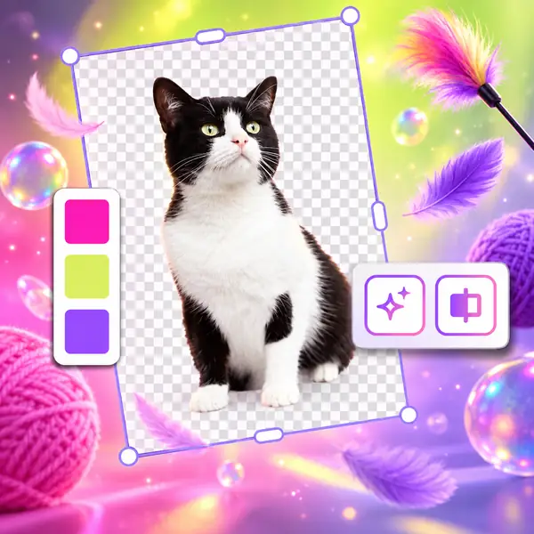 Black and white cat isolated inside a tilted editing frame with color controls