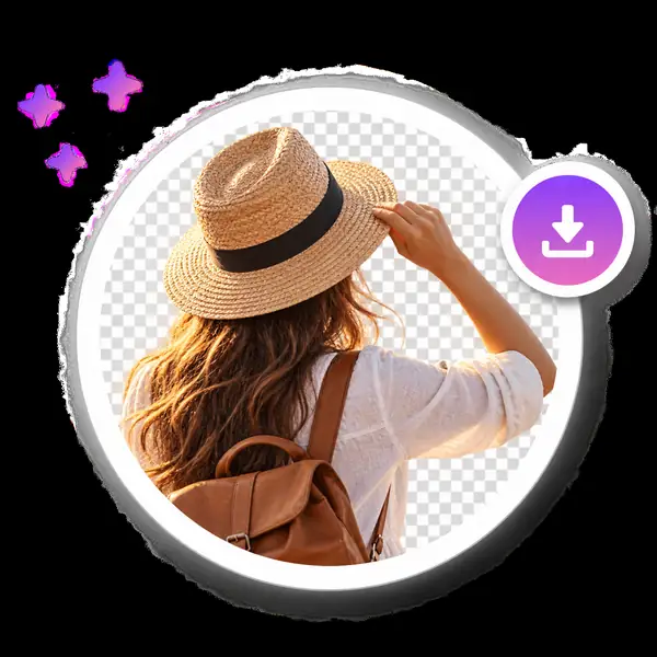 Hand gesture shown inside a circular transparent cutout with a download symbol