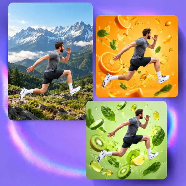Runner shown in a landscape image and two colorful vitamin poster designs created from the same subject